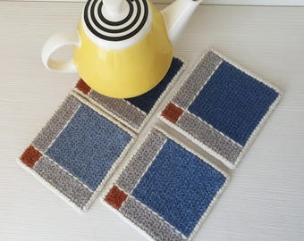 Blue Wool Coasters (Set of 4) Hand-Embroidered Jute, Heatproof Table Mats