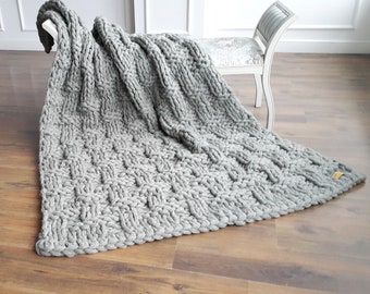 Chunky knit blanket gray, Wool throw, Super bulky blanket, Wool throw blanket, Giant Knitted blanket, Wool chunky blanket, 61"x80"