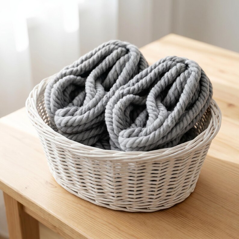 Two gray sckeins of chunky wool yarn in a white basket on a wooden table.
