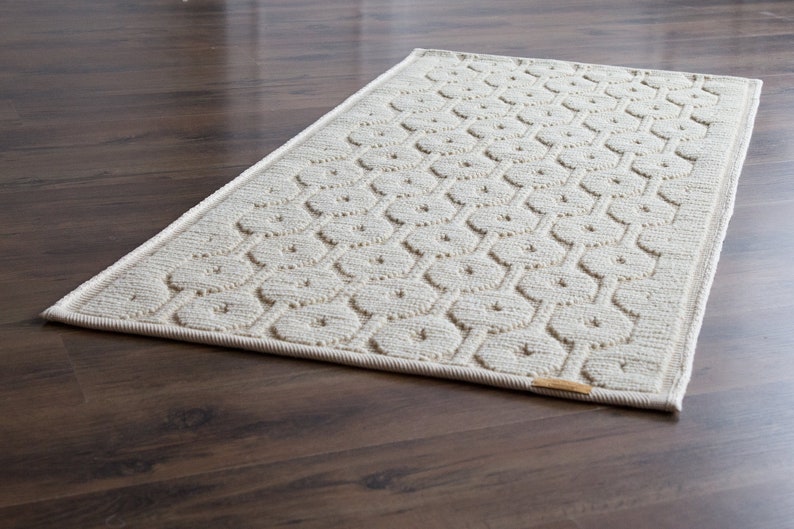 Bedside wool rug Geometric mat Small white wool rug Woven Etsy