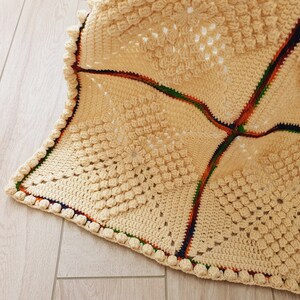 Crochet squares blanket Wool Beige throw blanket with Rainbow lines Sofa blanket Gift to old, 51x73 image 9