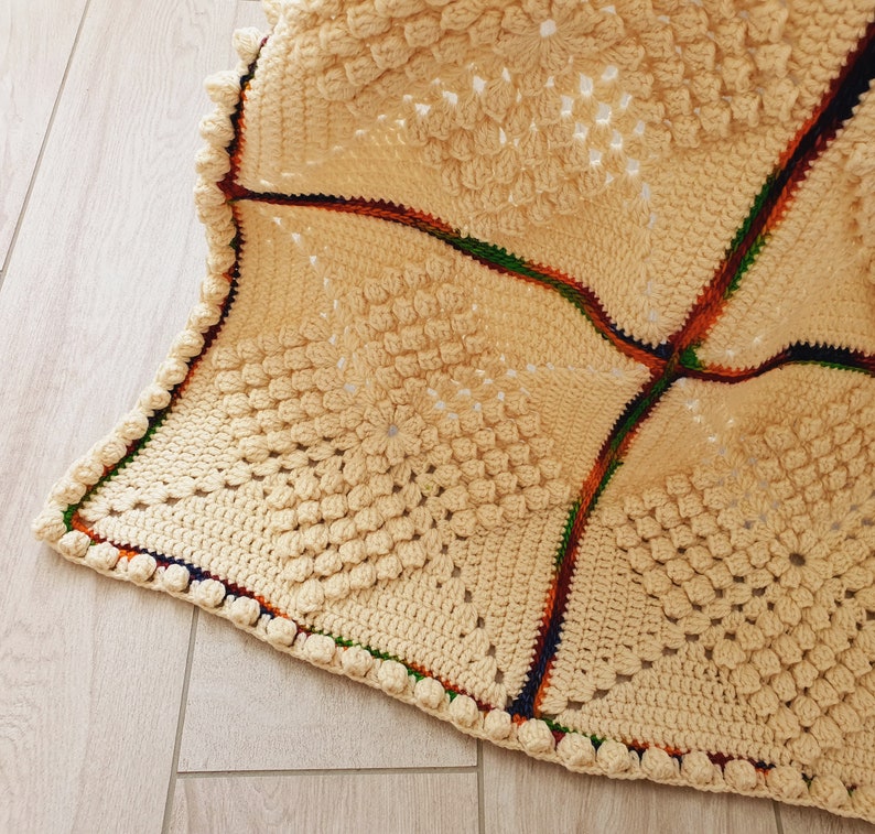 Crochet squares blanket Wool Beige throw blanket with Rainbow lines Sofa blanket Gift to old, 51x73 image 9