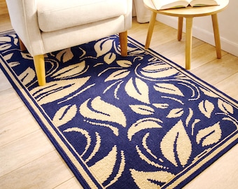 Handmade Wool Accent Rug 33"x64" Blue Runner Rug Yellow Botanical Modern Folk Decor