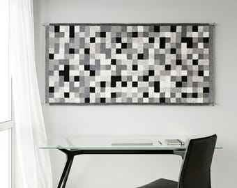 Gray Black White Wool Wall Hanging, Pixel Art Woven Tapestry for Modern Home