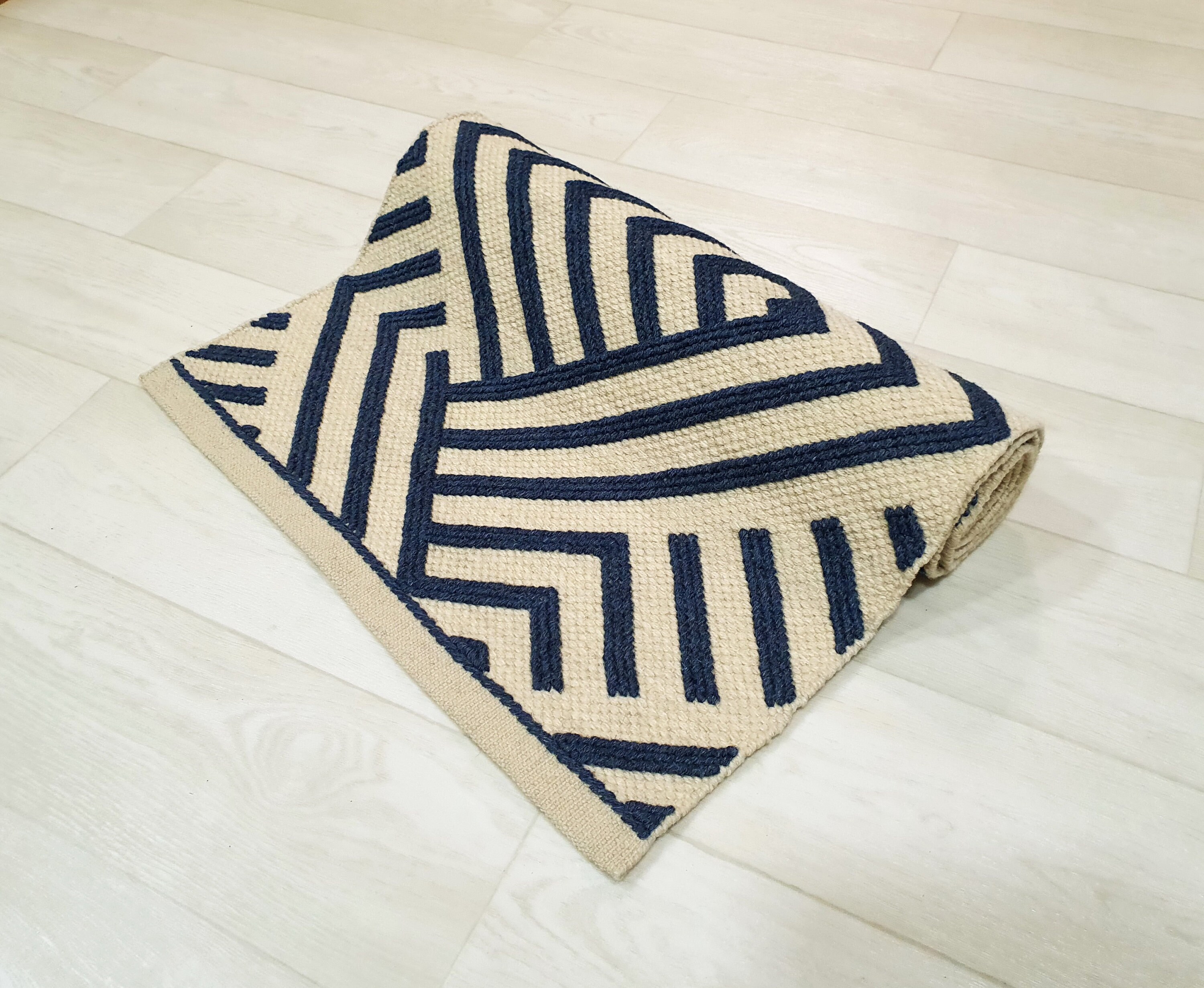 Wool rug Geometric Blue White Small Woven Bedside rug Wool mat Etsy