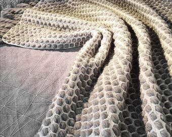 Gray White Wool Woven Throw, Chunky Bobble Fringe Blanket Made to Order