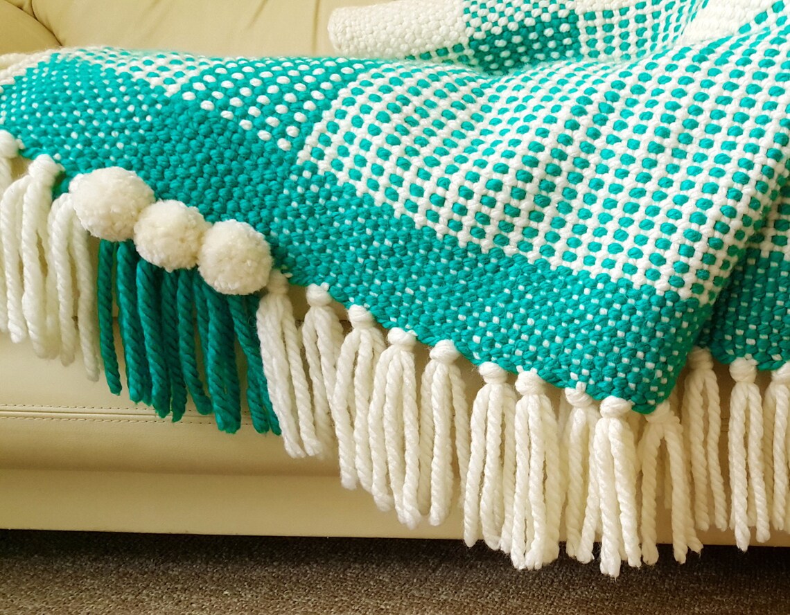Woven throw Turquoise throw Chunky blanket white Wool Etsy