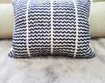 Navy White Wool Crochet Pillow, Chunky Arrow Texture Cushion for Sofa or Bed