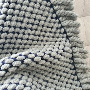 Close-up of chunky knit wool blanket showing thick loops and dense navy and grey yarn texture.
