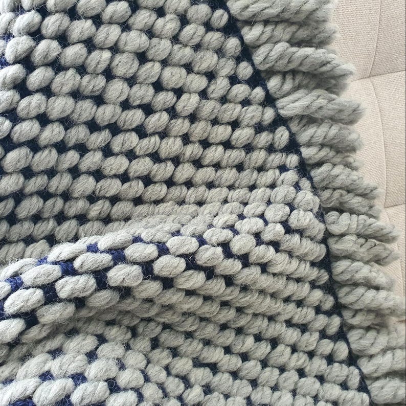 Close-up of chunky knit wool blanket showing thick loops and dense navy and grey yarn texture.