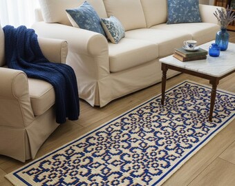 Blue White Wool Handwoven Runner Rug, Classic Design, Anti-slip Bedroom Mat