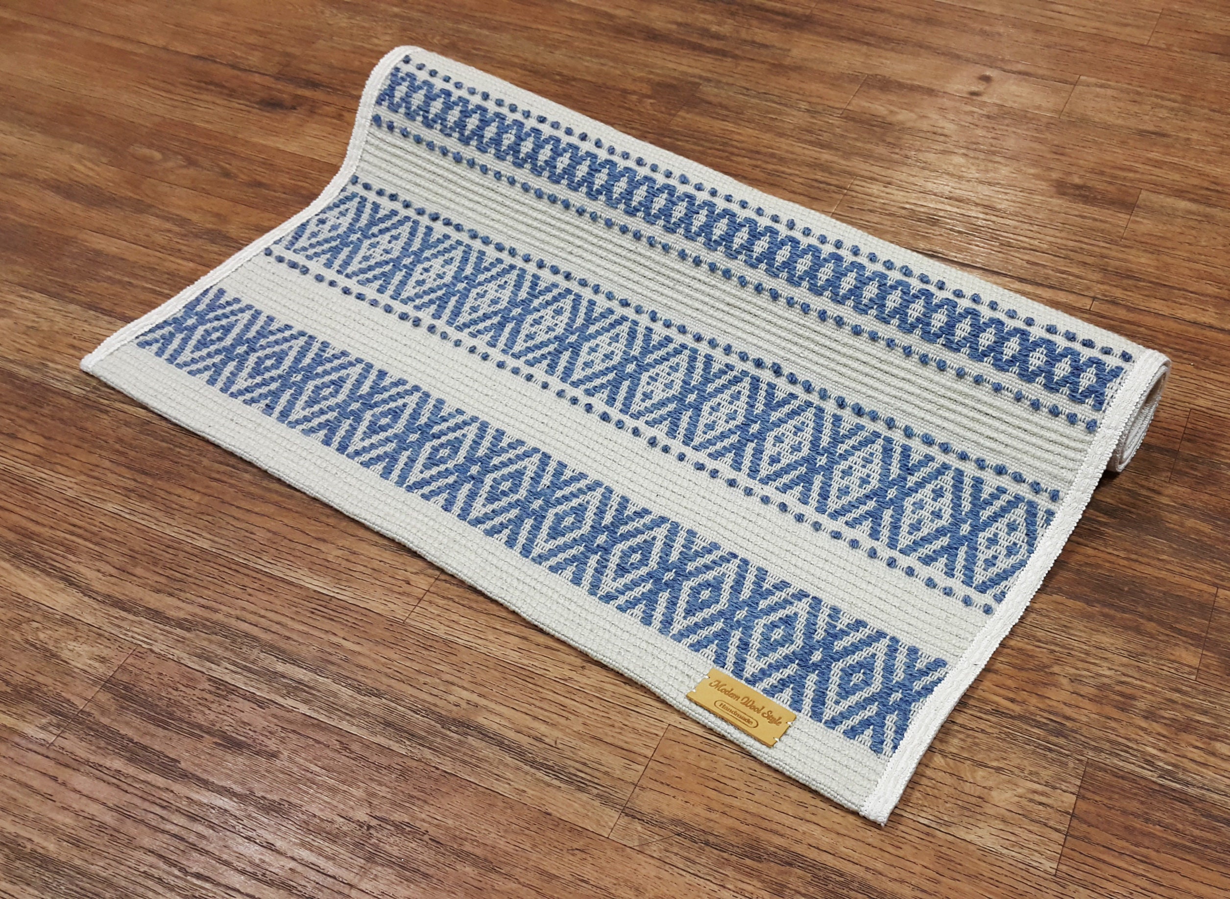 Wool rug blue White Bedside rug striped Woven Wool mat blue Etsy