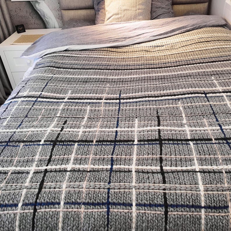 A gray knitted throw blanket with a checkered pattern in black, white, and blue. The blanket is made of a soft, textured yarn and has a relaxed, casual look.