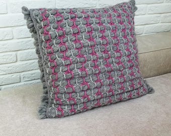 Gray Pink Chunky Wool Pillow, Crochet Cushion Cover Zipper for Sofa or Bed