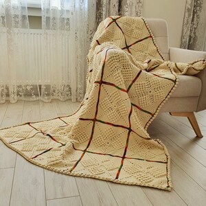 Crochet squares blanket Wool Beige throw blanket with Rainbow lines Sofa blanket Gift to old, 51x73 image 5