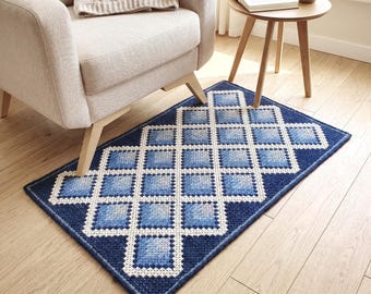 Blue White Small Wool Rug Geometric lines for Living room