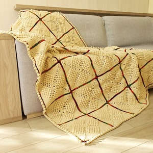 Crochet squares blanket Wool Beige throw blanket with Rainbow lines Sofa blanket Gift to old, 51x73 image 1