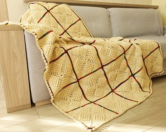 Crochet squares blanket Wool Beige throw blanket with Rainbow lines Sofa blanket Gift to old, 51"x73"