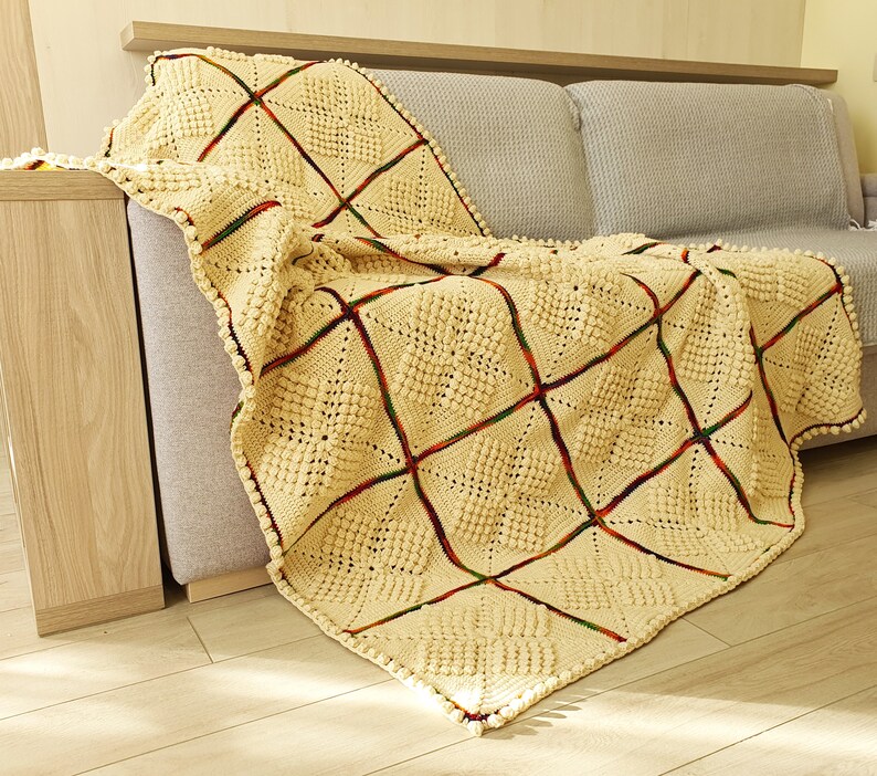 Crochet squares blanket Wool Beige throw blanket with Rainbow lines Sofa blanket Gift to old, 51x73 image 1