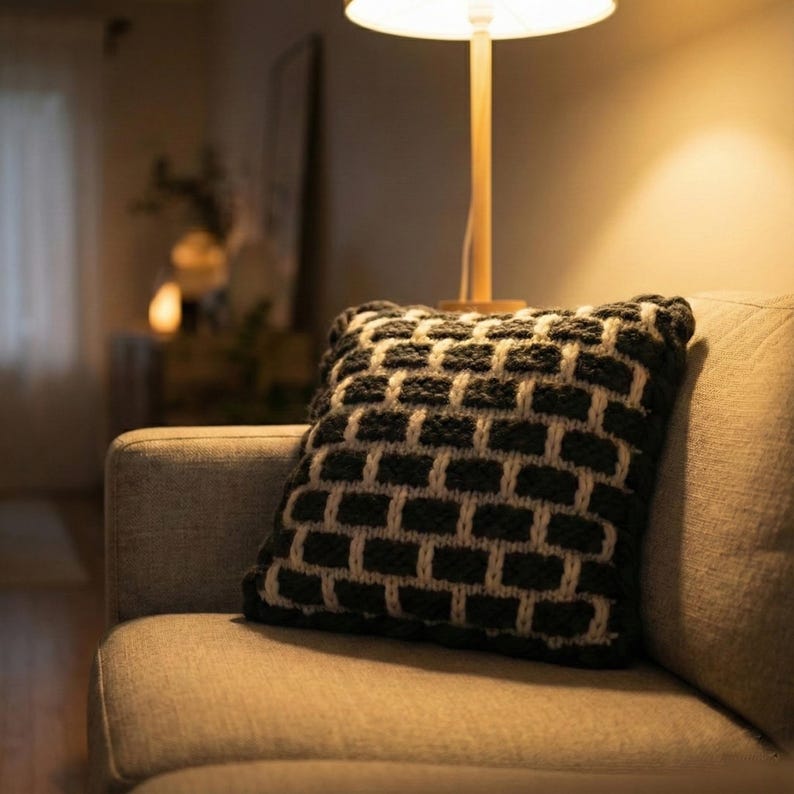 Modern farmhouse living room decor with black and white knit pillow. Textured wool accent cushion on a leather sofa.
