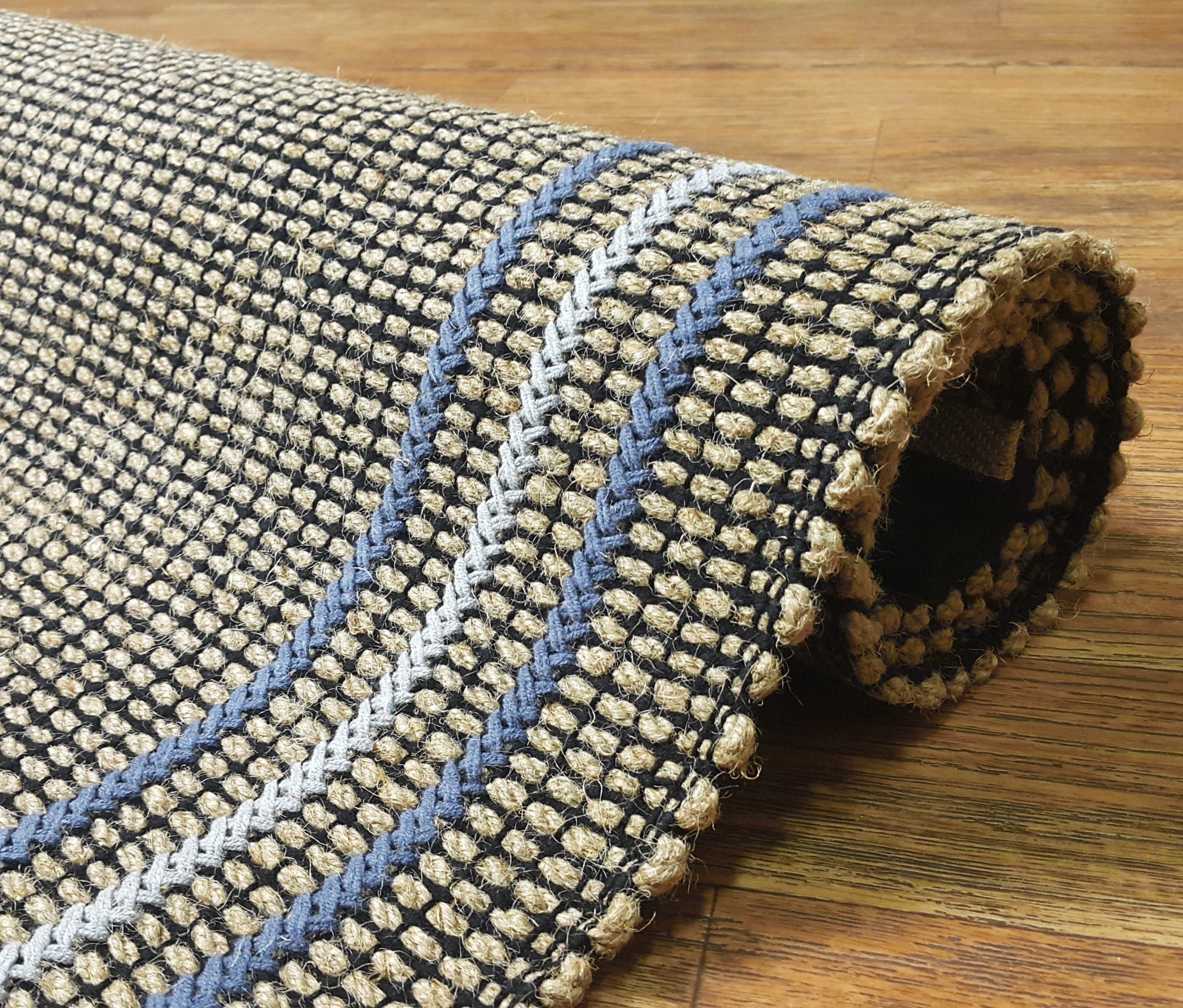 Jute rug Striped rug black Small jute rug Blue jute mat Etsy