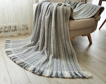 Crochet throw blanket wool Gray Striped Sofa small blanket, Gift to old, 48"x53"