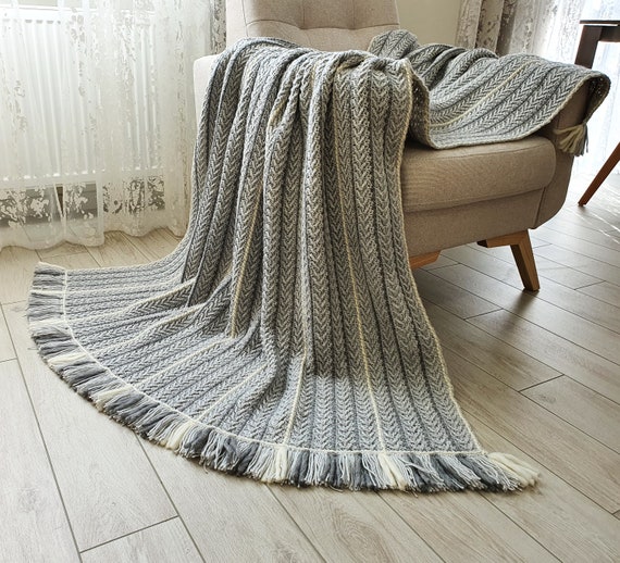 Crochet Throw Blanket Wool Gray Striped Sofa Small Blanket, Gift to Old,  48x53 