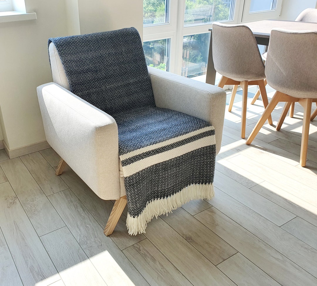 Woven Wool Armchair Throw Gray Bed Runner Black Chair Throw Etsy