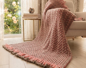 Gray Pink Merino Wool Throw, Chunky Woven Boho Blanket Fringe for Sofa, Bed