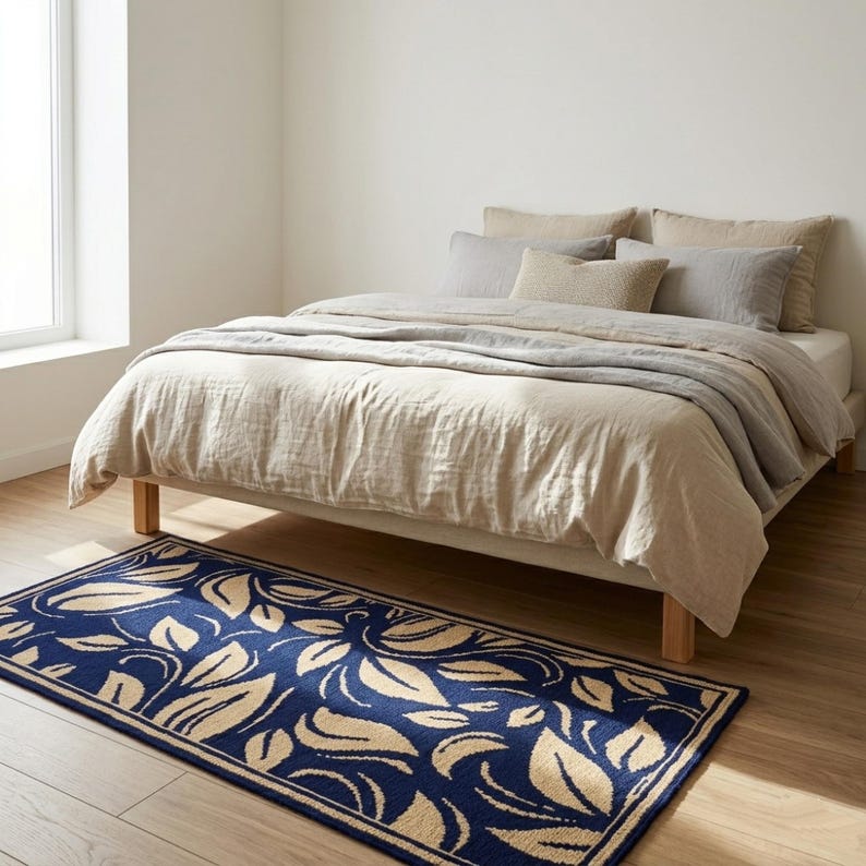 A navy blue and yellow designed rug with a leaves. The rug has a beige border and is embroidered.