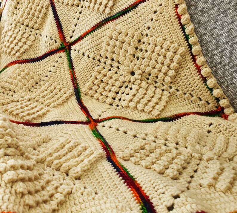 Crochet squares blanket Wool Beige throw blanket with Rainbow lines Sofa blanket Gift to old, 51x73 image 6