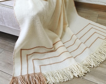 Woven Wool Throw Blanket, Beige White Fringe, Boho Sofa Bed Decor, Teacher gift