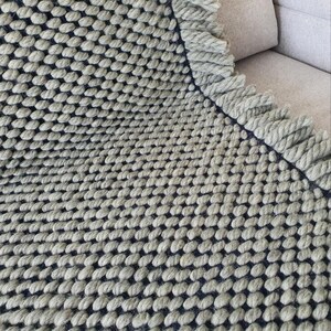 Close-up of chunky knit wool blanket showing thick loops and dense navy and grey yarn texture.