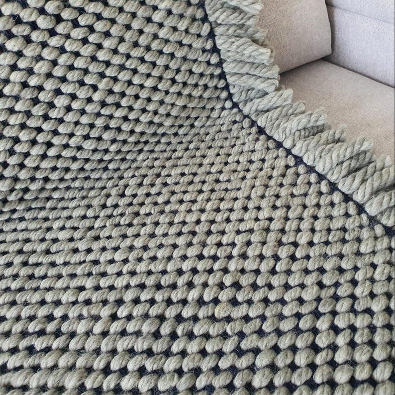 Close-up of chunky knit wool blanket showing thick loops and dense navy and grey yarn texture.