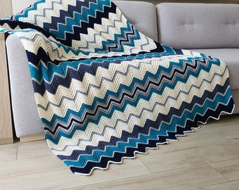 Turquoise Navy White Wool Crochet Throw, Chevron Striped Blanket for Sofa