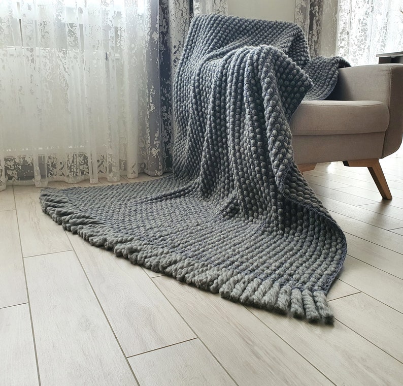 Chunky warm blanket gray, Australian wool thick throw, handmade plaid