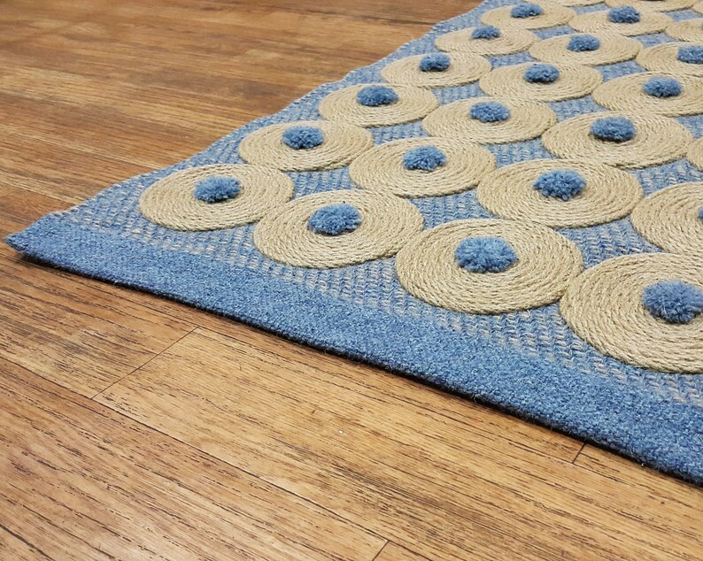 Bedside Jute Rug With Wool Rug Blue Chunky Jute Decor Small Etsy