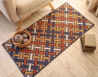 Blue Orange Wool Rug, Geometric Modern Accent Mat for Living Room