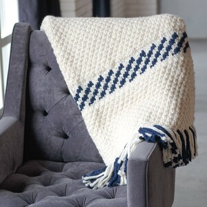 Knit throw blanket white Striped deep blue Wool blended sofa blanket image 10