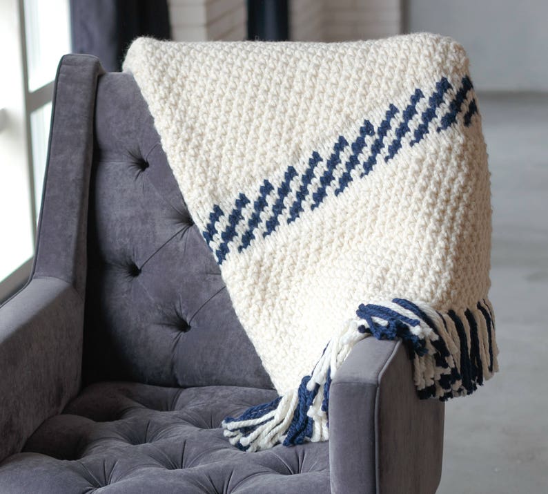 Knit throw blanket white Striped deep blue Wool blended sofa blanket image 10