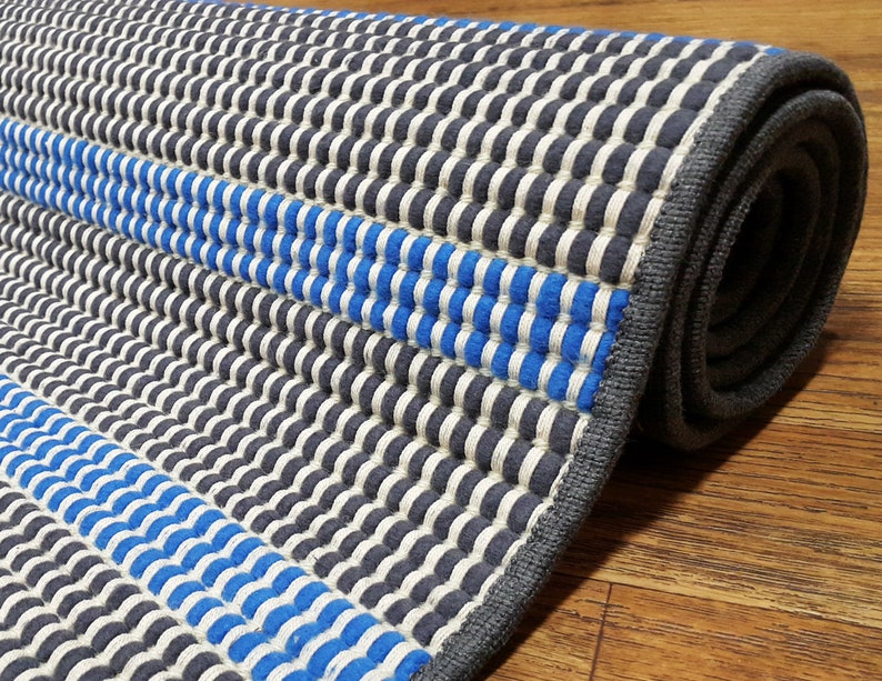 Small Blue Rug Wool Mat Striped Area Image 0