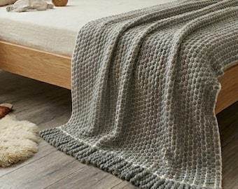 Modern Chunky Wool Throw Blanket, Gray Textured Reversible Bed Sofa Cover