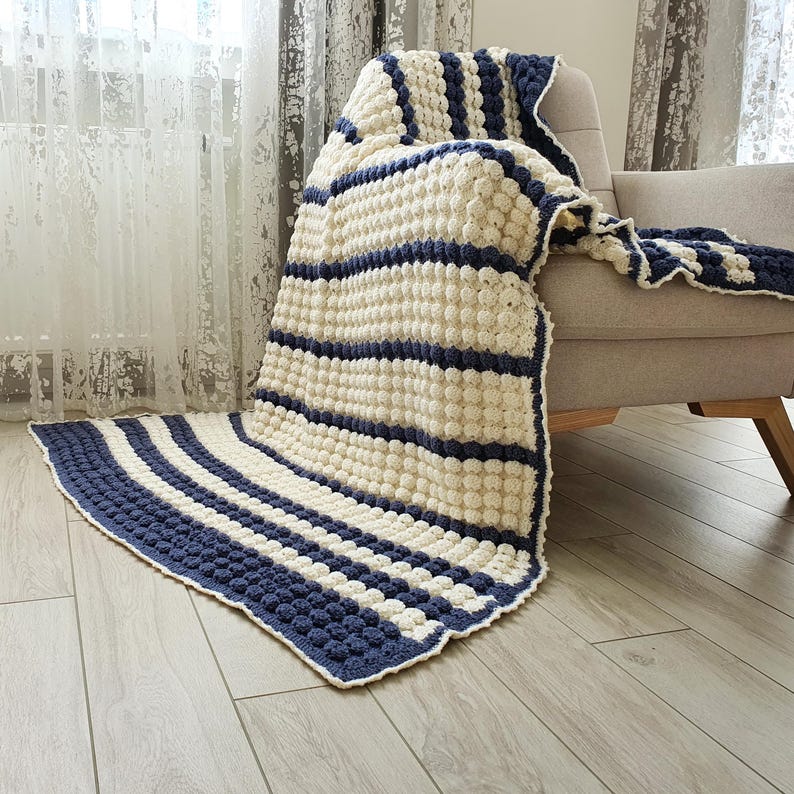Crochet Wool Throw Blanket, White and Blue Striped, Boho Decor, 57"x77" image 5