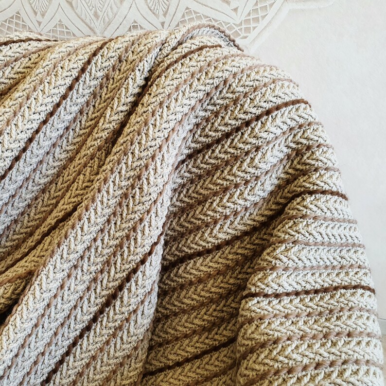 Soft crochet wool throw with neutral color palette and dense knit structure