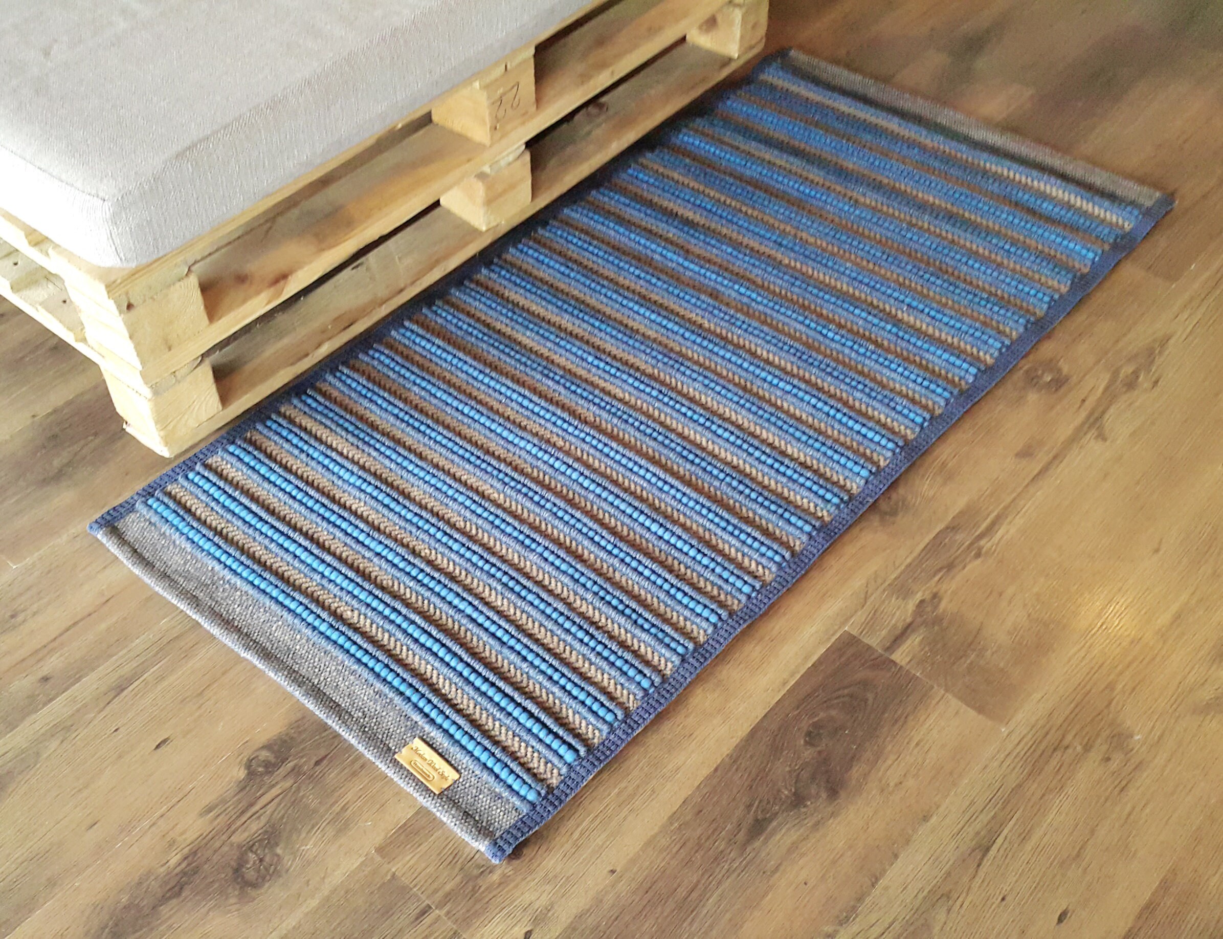 Bedside Wool Rug Blue Striped Woven Small Blue Mat Sheep Etsy