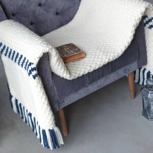 Knit throw blanket white Striped deep blue Wool blended sofa blanket image 5