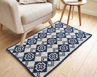 Navy White Natural Wool Crochet Rug, Geometric Reversible Small Accent Rug