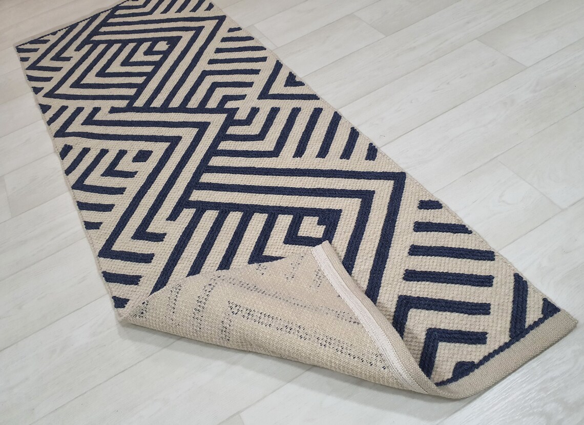 Wool rug Geometric Blue White Small Woven Bedside rug Wool mat Etsy