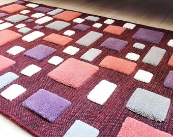 Burgundy Textured Wool Runner Rug, Geometric Bedroom Floor Accent