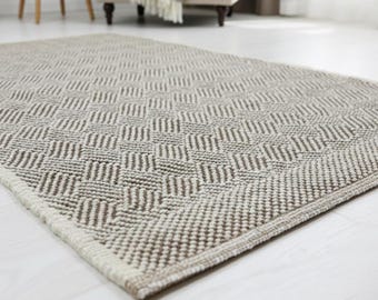 Handwoven Wool Runner Rug | Basket Weave Textured Area Carpet | Scandinavian Style